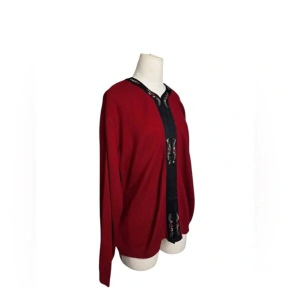 Koret Vintage Embroidered Cardigan – Red Knit Sweater with Black Trim 2X - Picture 6 of 7